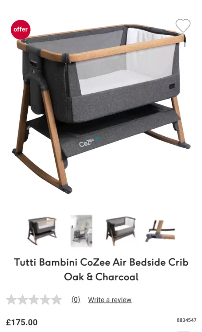 £80.00 Tutti Bambini swinging CoZee Air Bedside Crib Oak & Charcoal